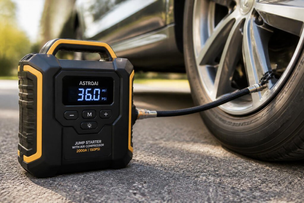 Gooloo GT4000S with built-in air compressor inflating a tire, digital display visible