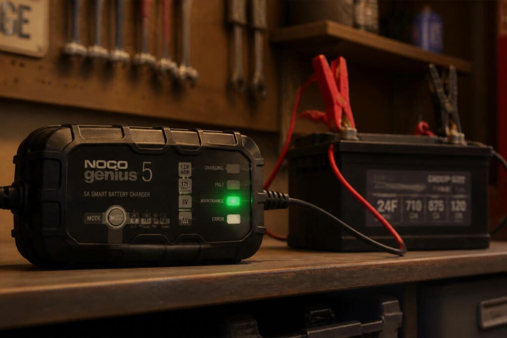 NOCO GENIUS5 connected to a car battery on a workbench, LED status light visible