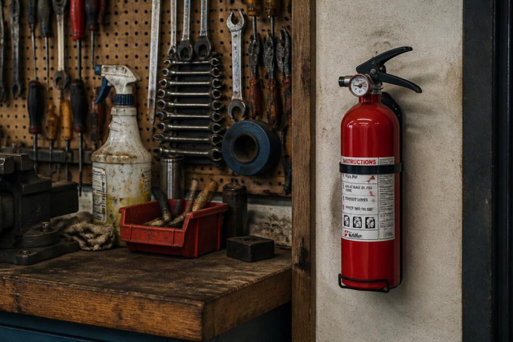 Kidde Pro 210 mounted near cluttered workbench