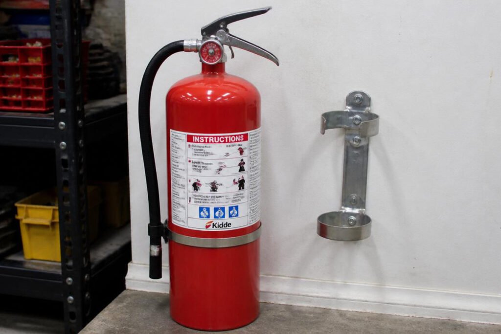 First Alert PRO10 standing beside wall bracket in garage