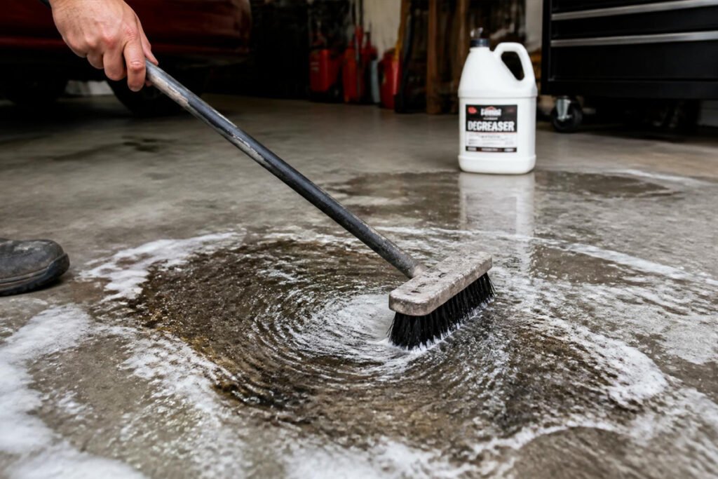 hand scrubbing oil stain on garage floor with brush and degreaser