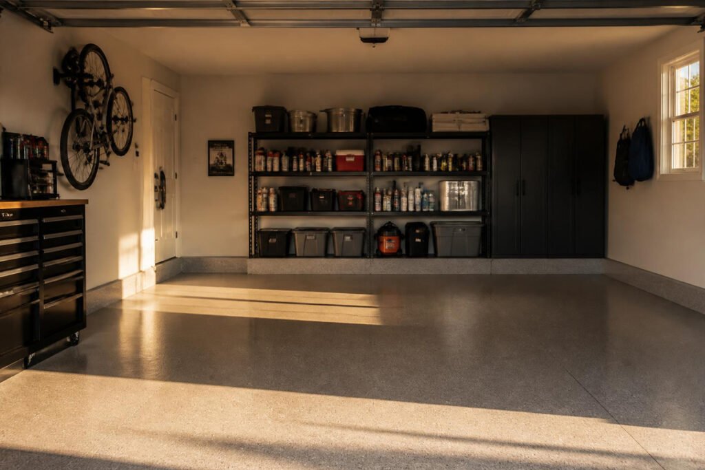 clean organized garage floor and shelving after using cleaning tools