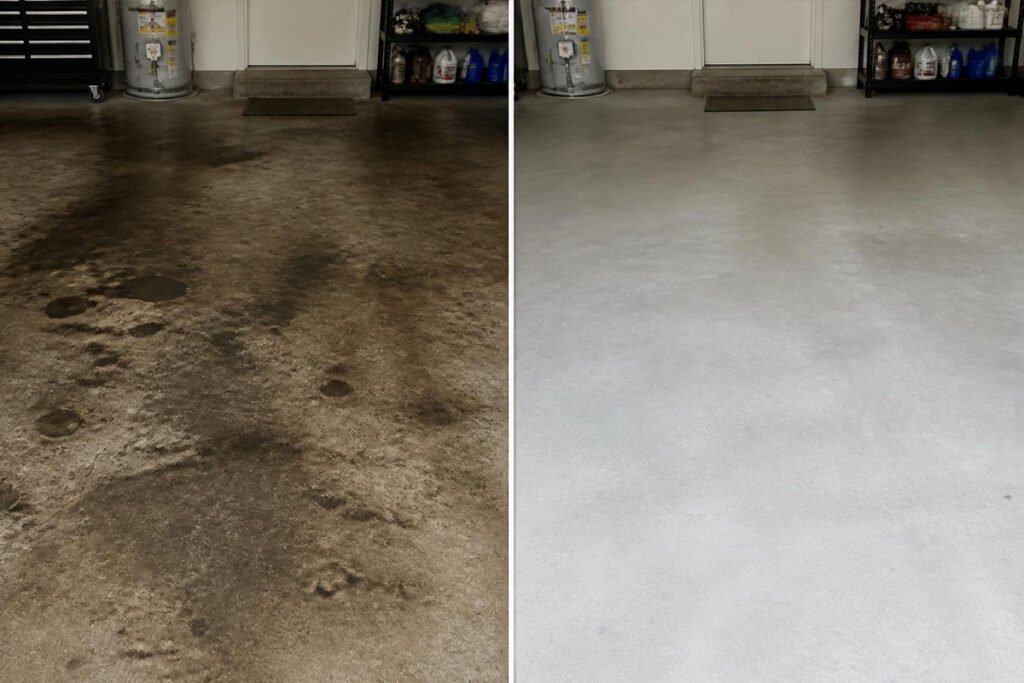 garage floor before and after cleaning with degreaser and pressure washer