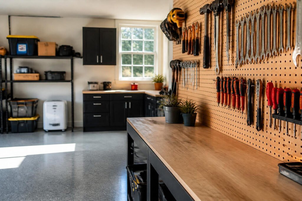 dry organized garage with rust-free tools after dehumidifier installation