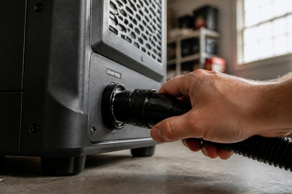 setting up dehumidifier drainage hose in garage corner
