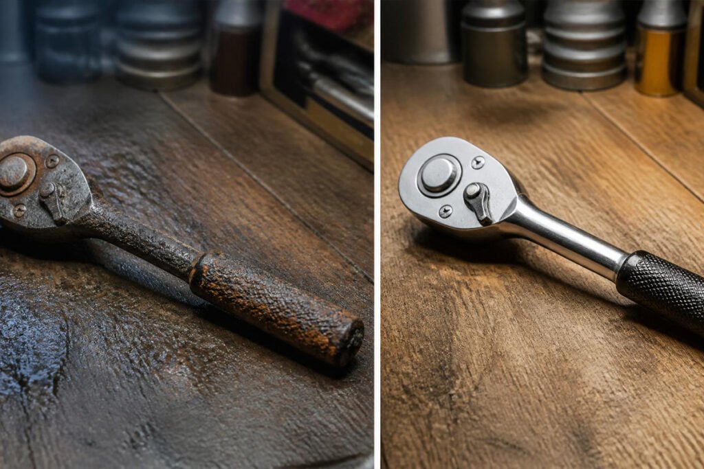 garage tools before and after rust prevention with dehumidifier