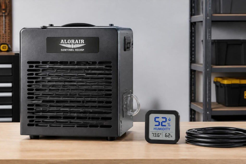 Garage dehumidifier unit with hygrometer and drainage hose