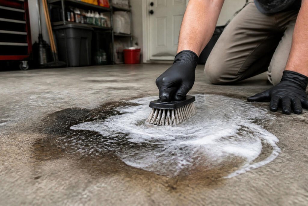 person applying degreaser and scrubbing a garage floor stain