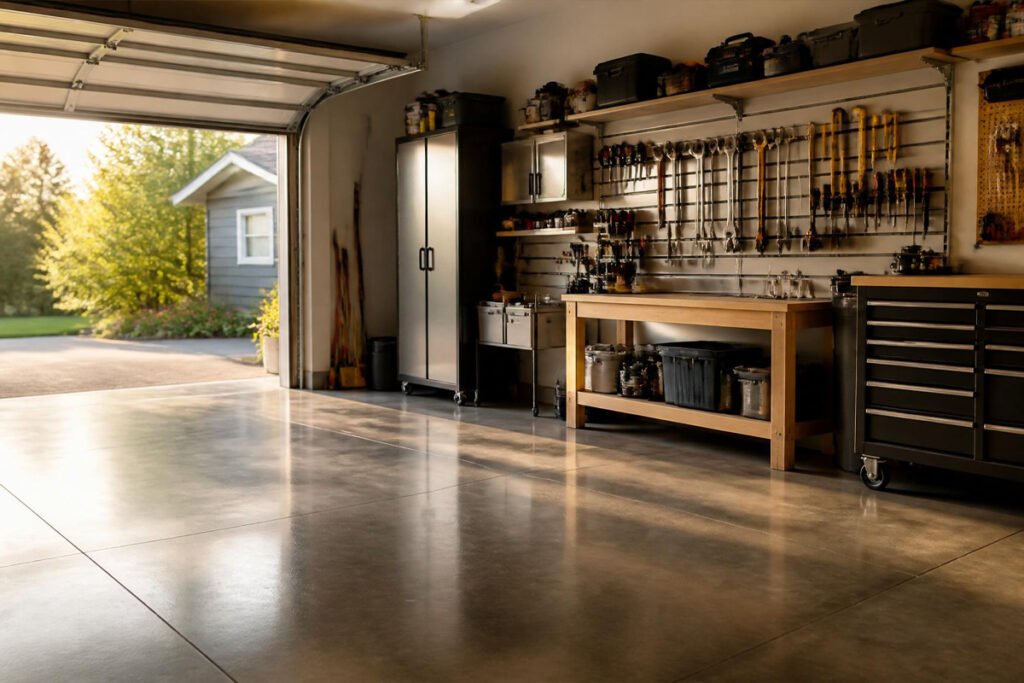 clean garage floor after degreaser treatment with organized storage
