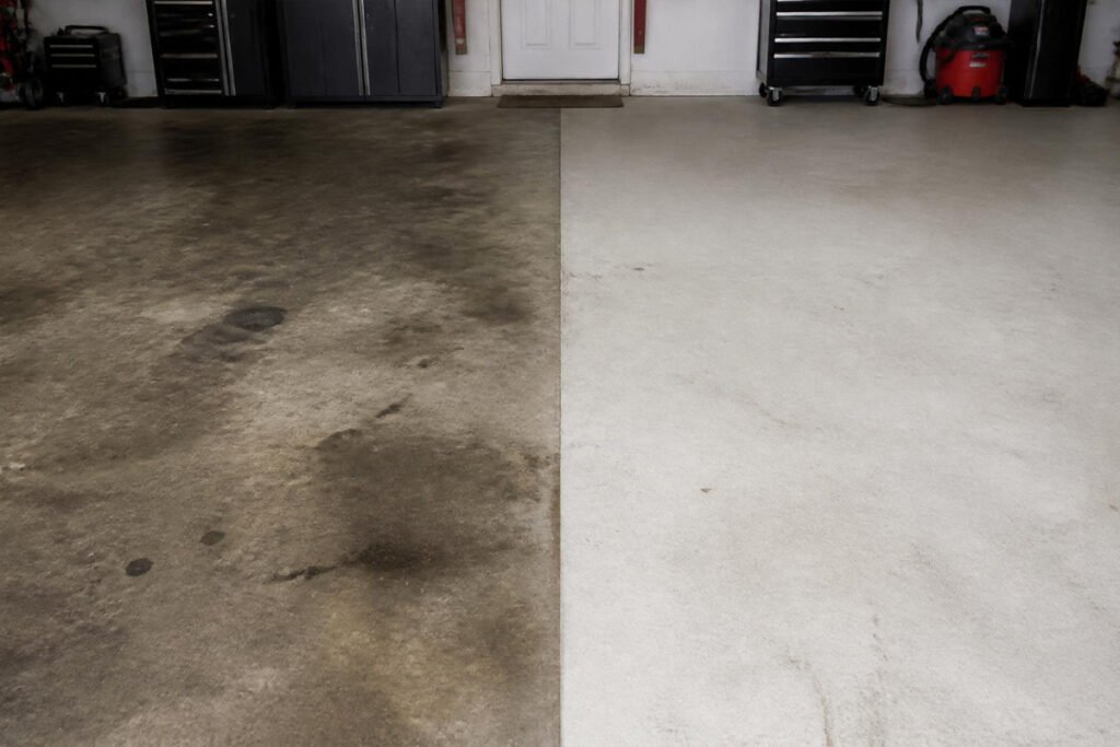 garage floor before and after degreaser stain removal