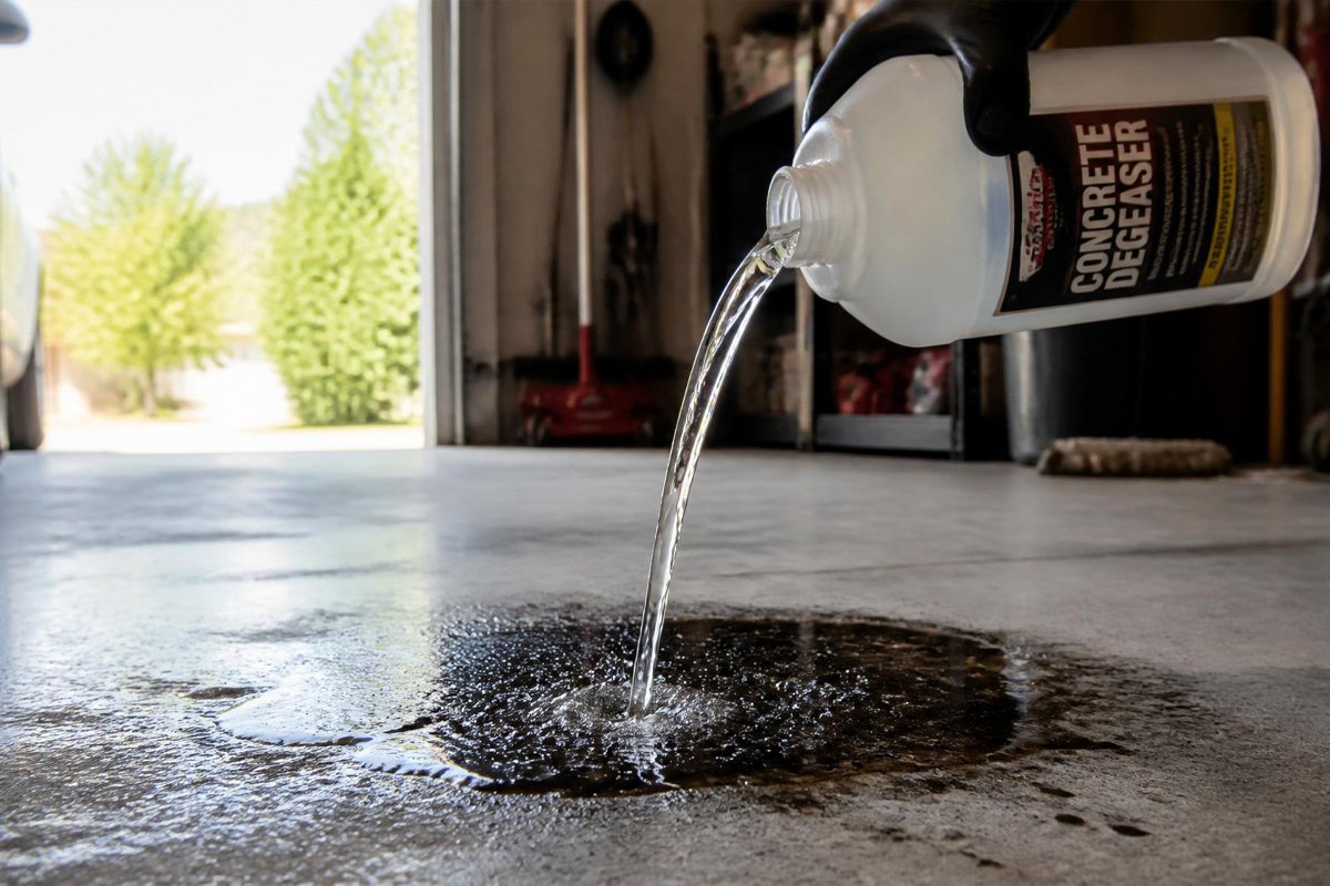 garage floor degreaser being poured onto an oil stain on concrete