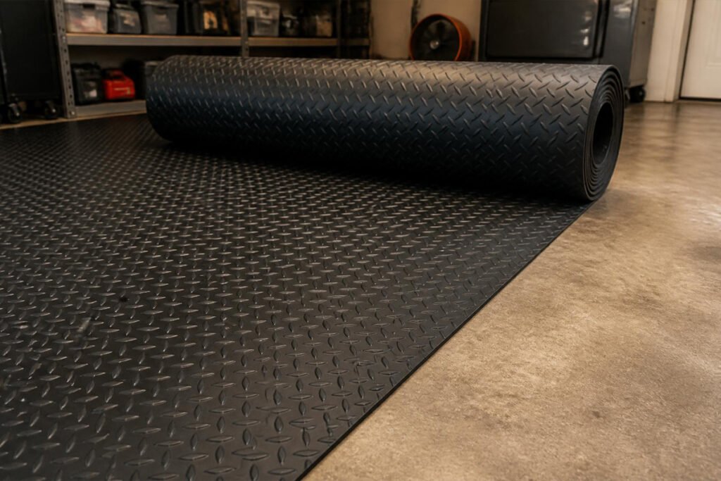 Rubber-Cal diamond plate rubber flooring roll partially unrolled across garage floor, textured surface visible