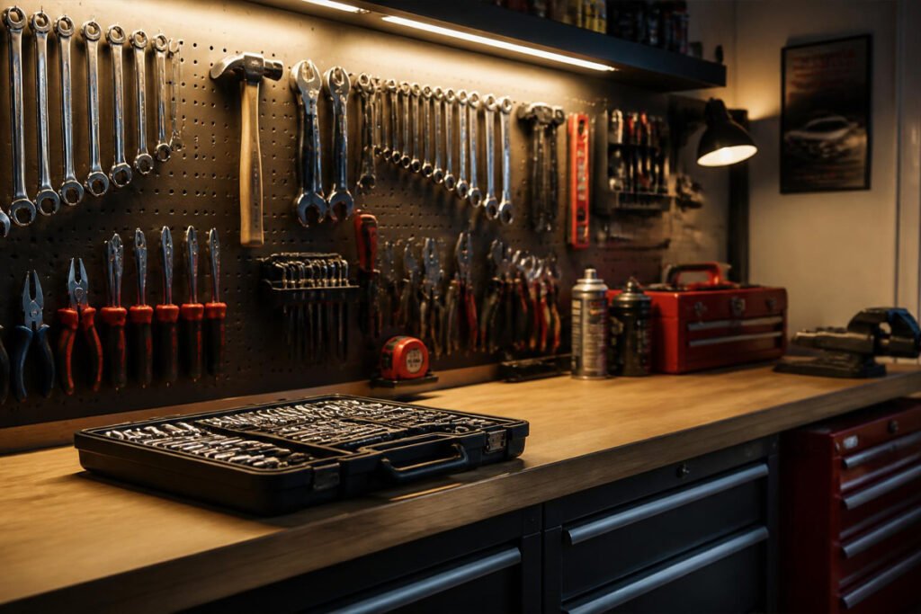 person organizing garage hand tools on wall pegboard