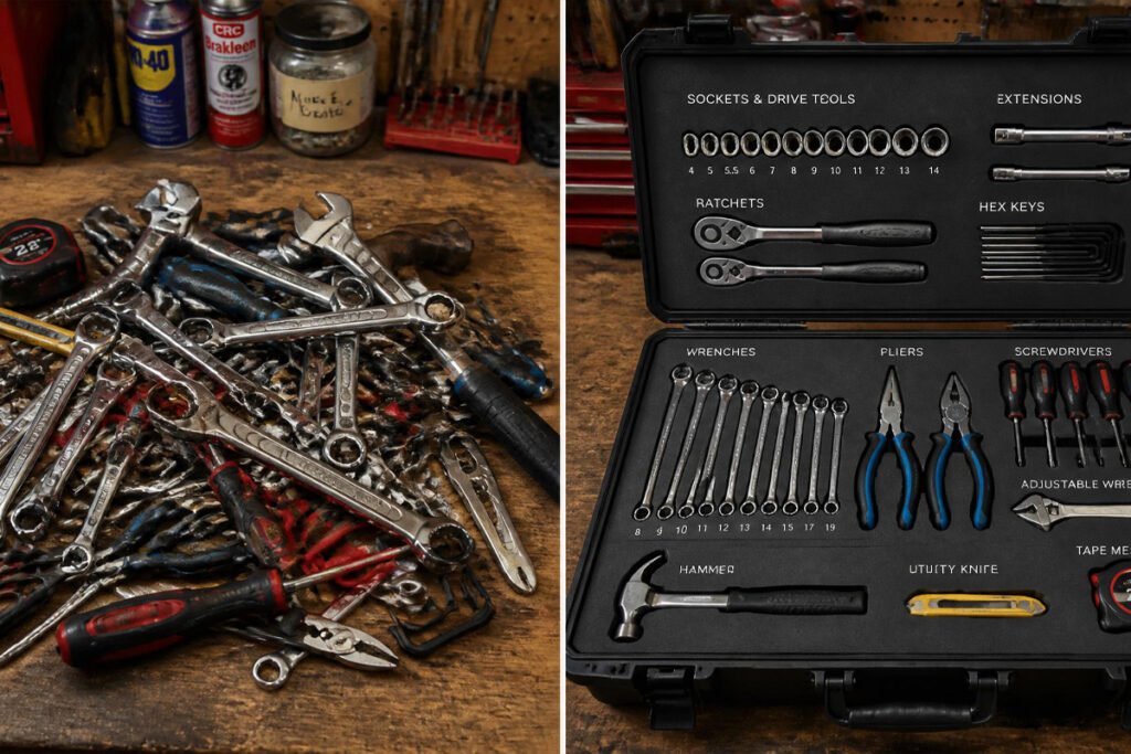 disorganized tool pile before and organized tool case after