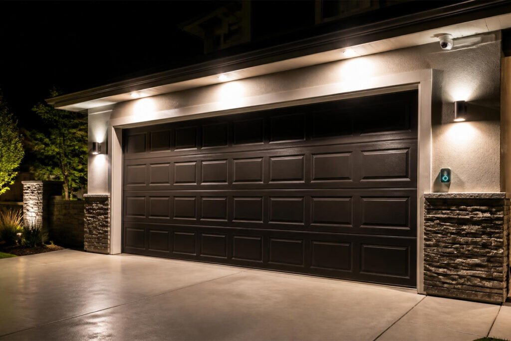 secure well-lit garage exterior with camera and smart monitoring installed