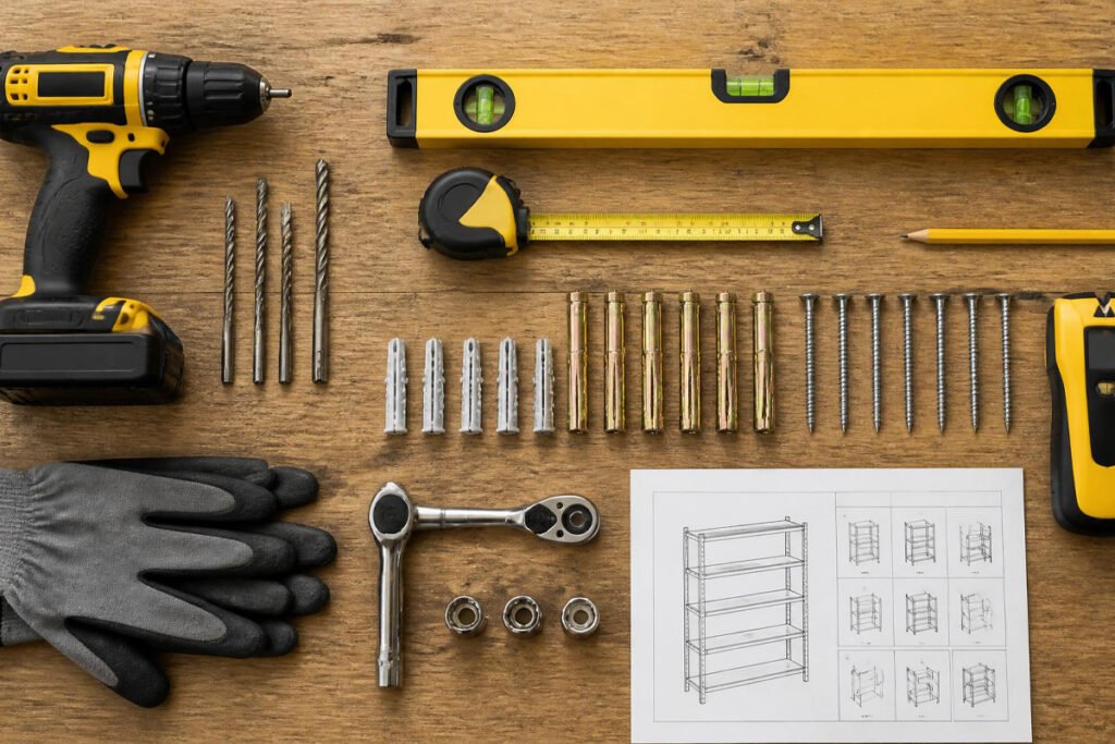 level, drill, and anchor bolts for installing garage shelving