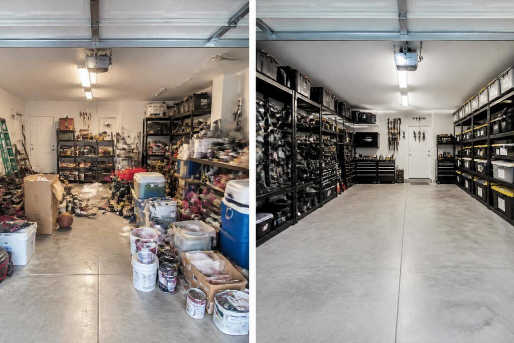 garage wall before and after adding shelving units