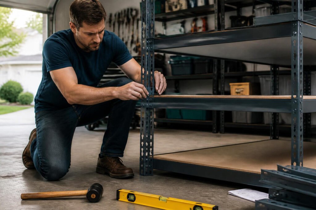person assembling heavy duty steel garage shelving unit