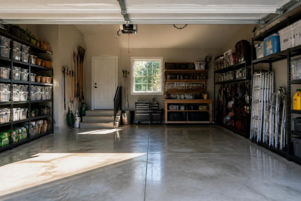fully organized garage with shelving units and labeled bins