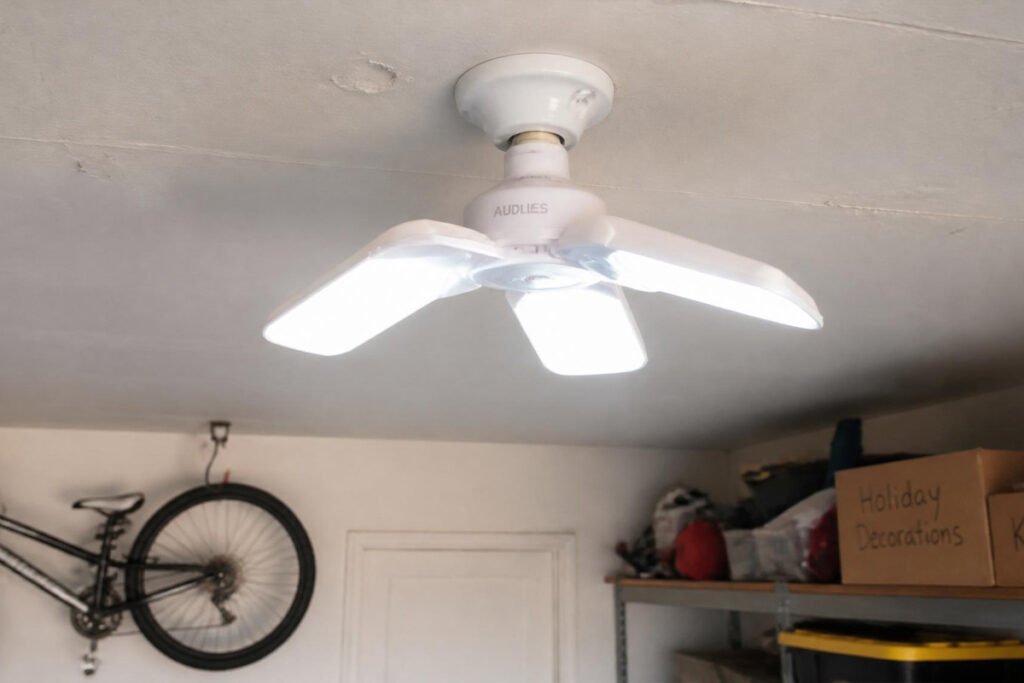 Sunco hardwired fixture mounted flush to garage ceiling with clean wiring