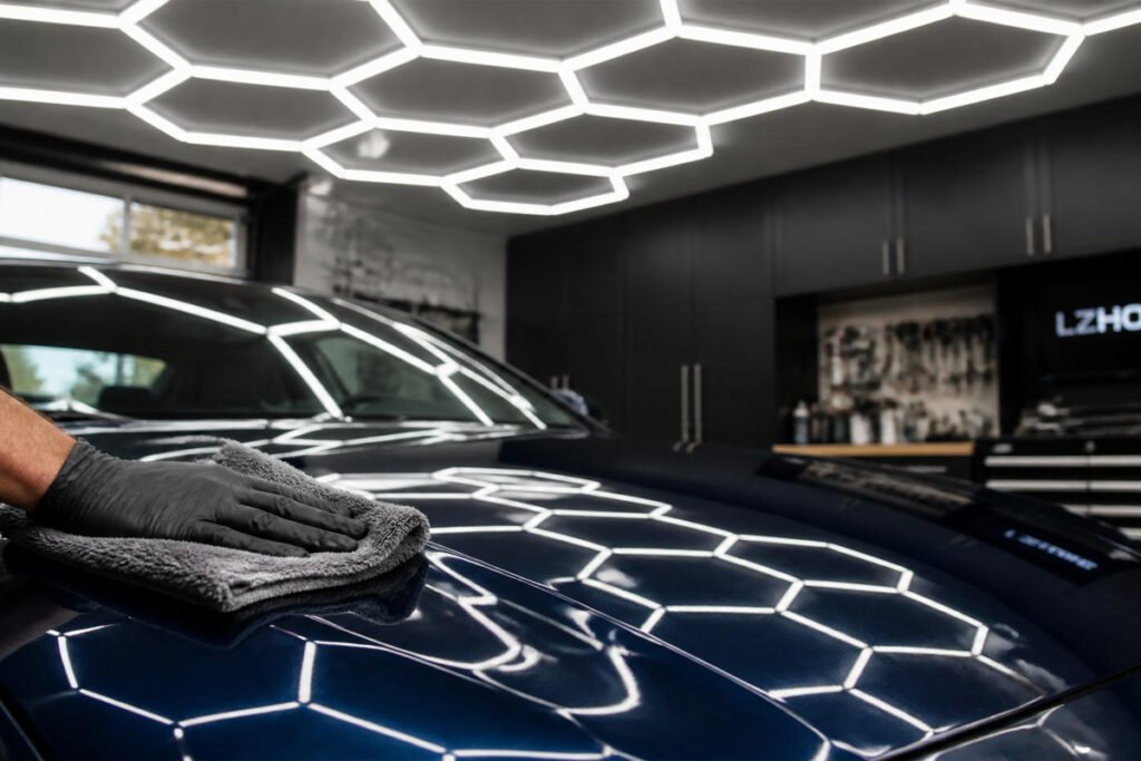LZHOME hexagon panels arranged in honeycomb pattern over a car being detailed