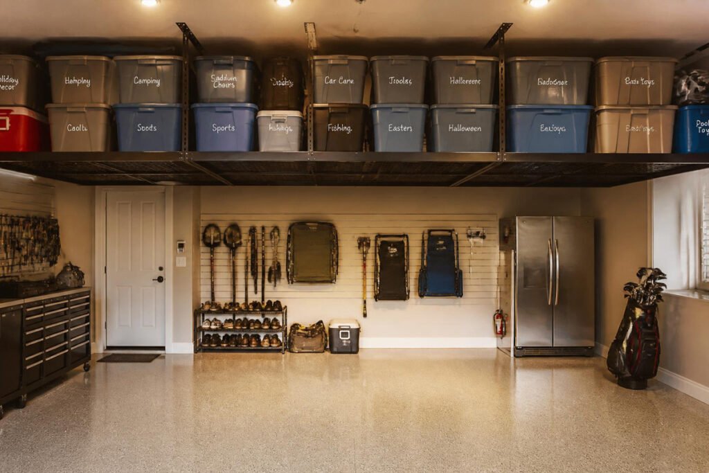 organized garage with overhead storage racks and clear floor space