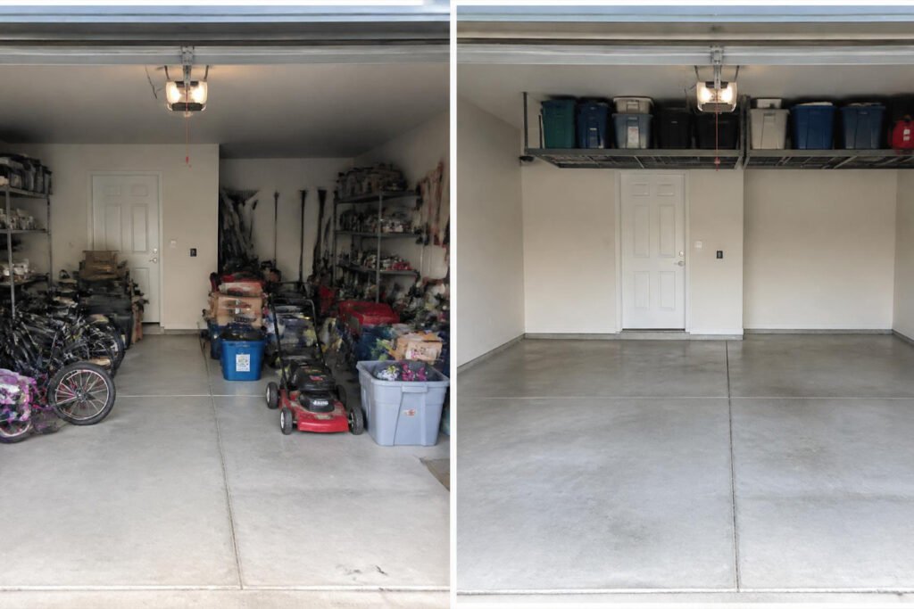 garage floor before and after adding overhead storage racks