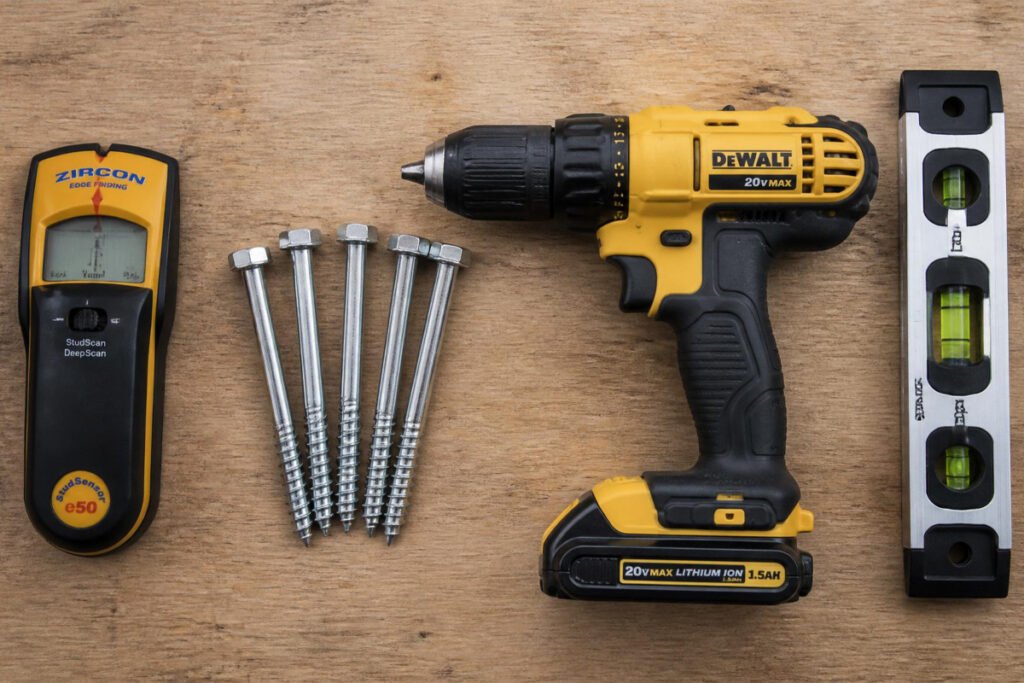 stud finder, lag bolts, and drill for installing overhead garage storage