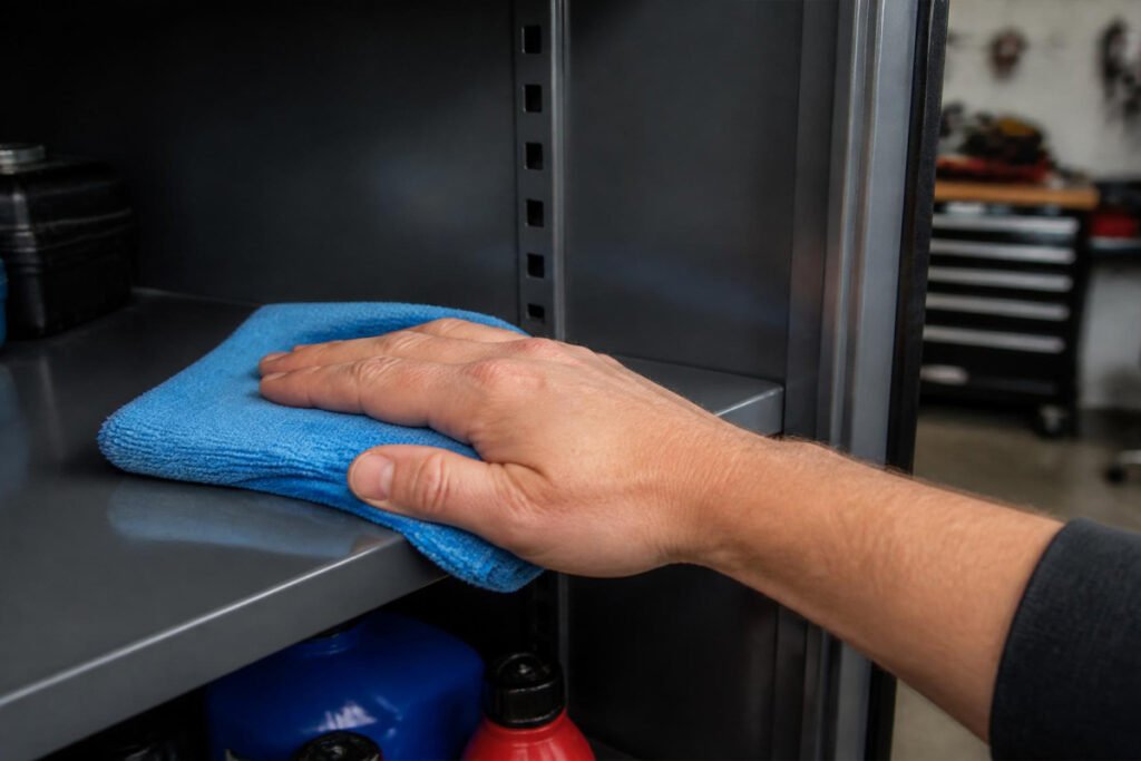person wiping down garage cabinet shelf with microfiber cloth