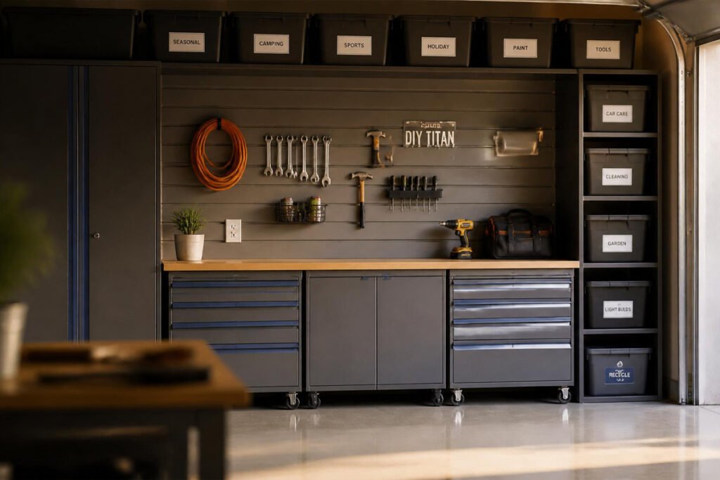clean organized garage cabinets with labeled storage bins