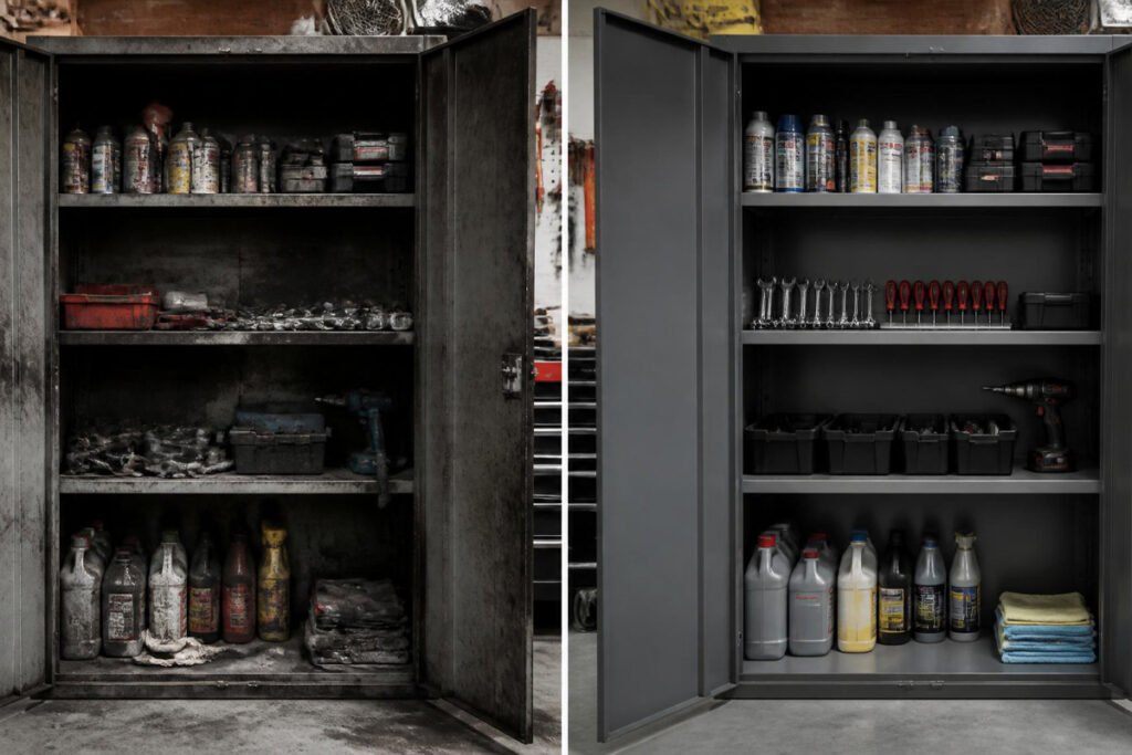 garage cabinet before and after deep cleaning compariso