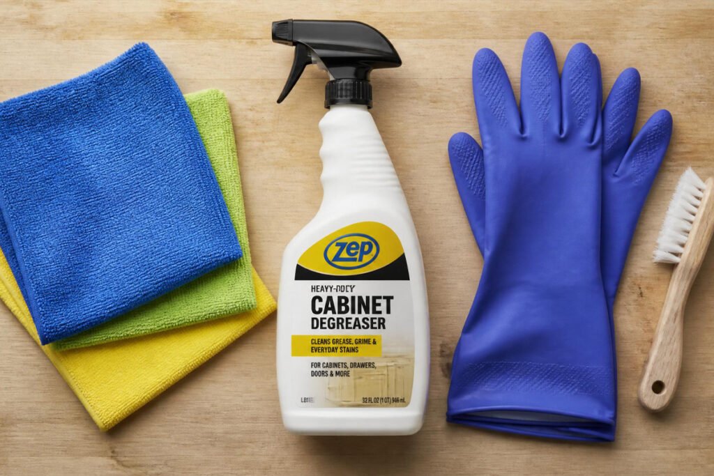 cleaning supplies for garage cabinets including microfiber cloths and degreaser