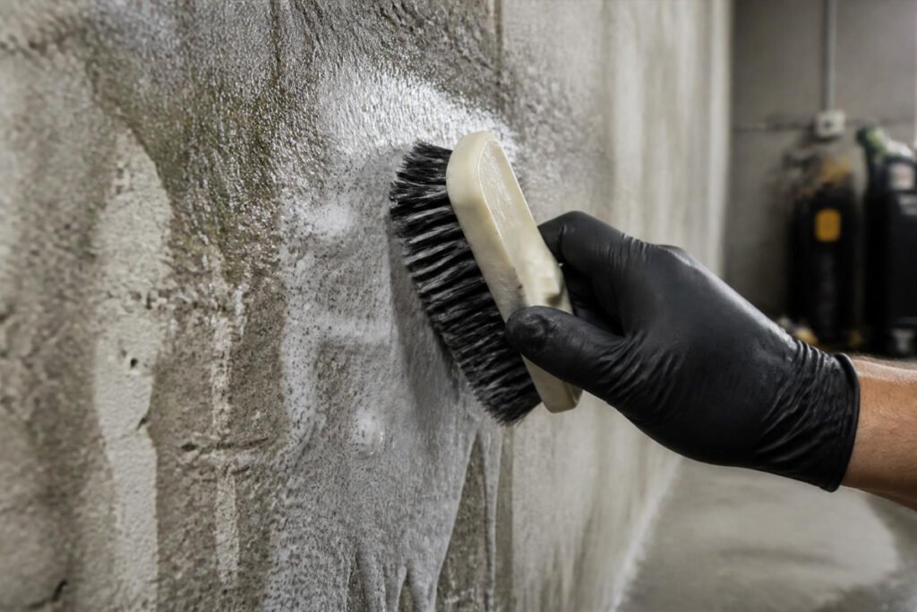 person scrubbing concrete garage wall with brush and cleaner