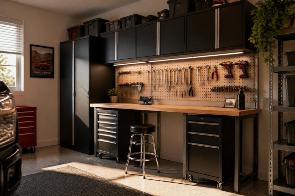 clean finished garage wall with organized pegboard tool storage