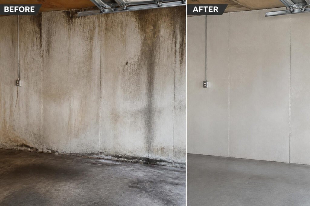 garage concrete block wall before and after cleaning stains removed