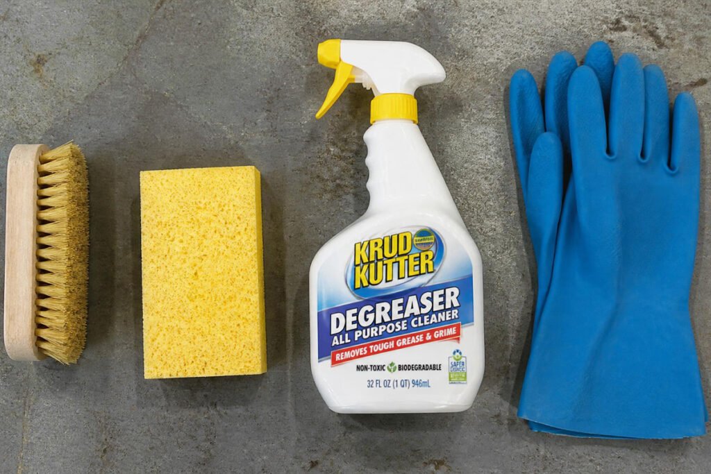 stiff brush, sponge, and cleaning solution for garage wall cleaning