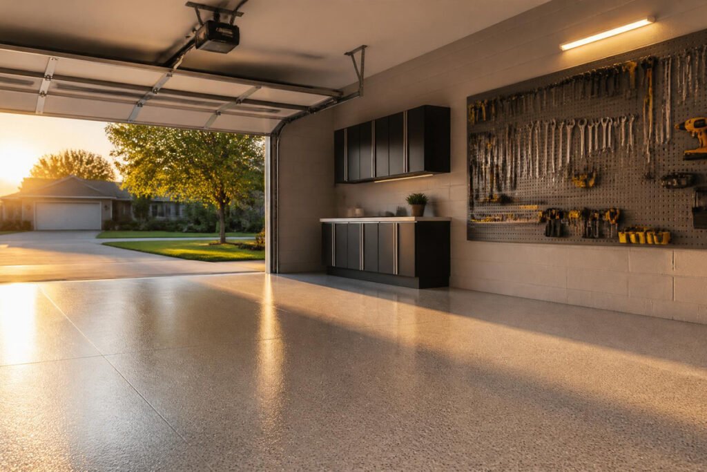 clean finished garage wall with organized pegboard tool storage