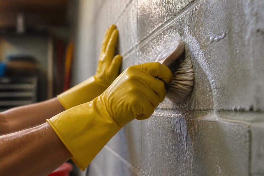 person scrubbing concrete garage wall with brush and cleaner