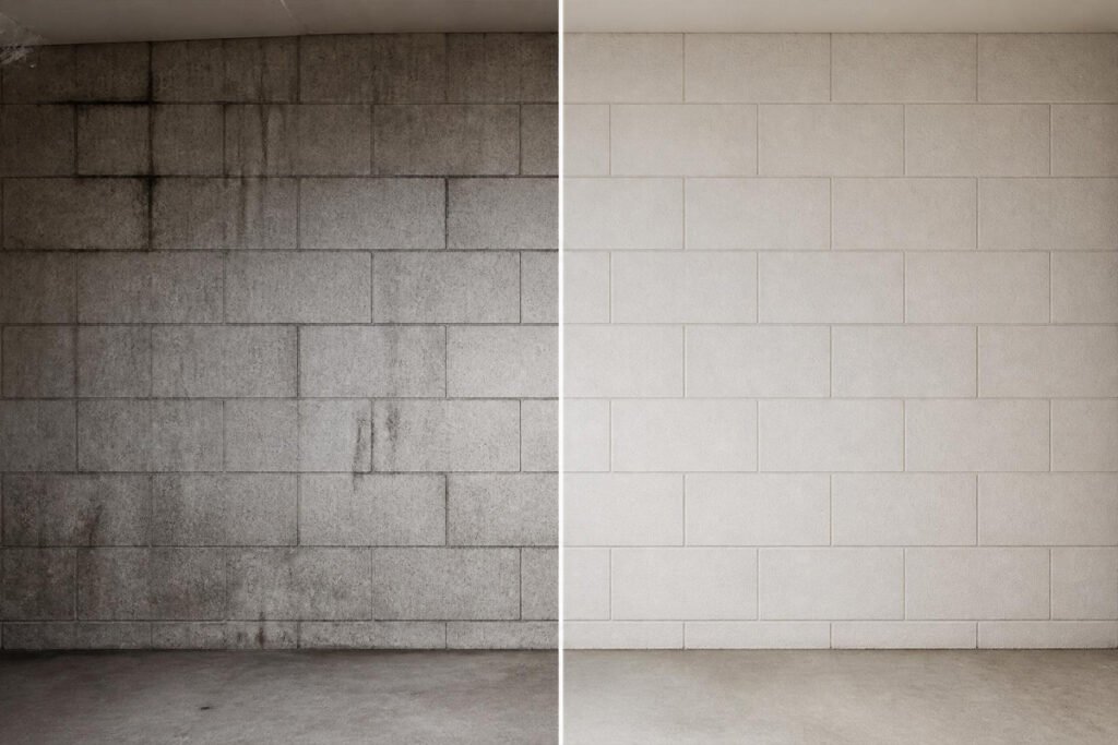 garage concrete block wall before and after cleaning stains removed