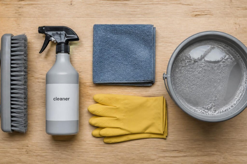 stiff brush, sponge, and cleaning solution for garage wall cleaning