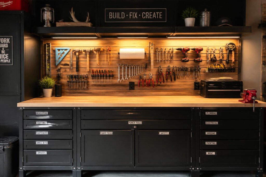 finished organized garage workbench with clear surface and wall storage