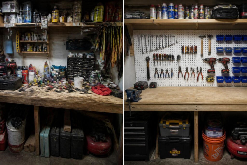 cluttered garage workbench before and after organization
