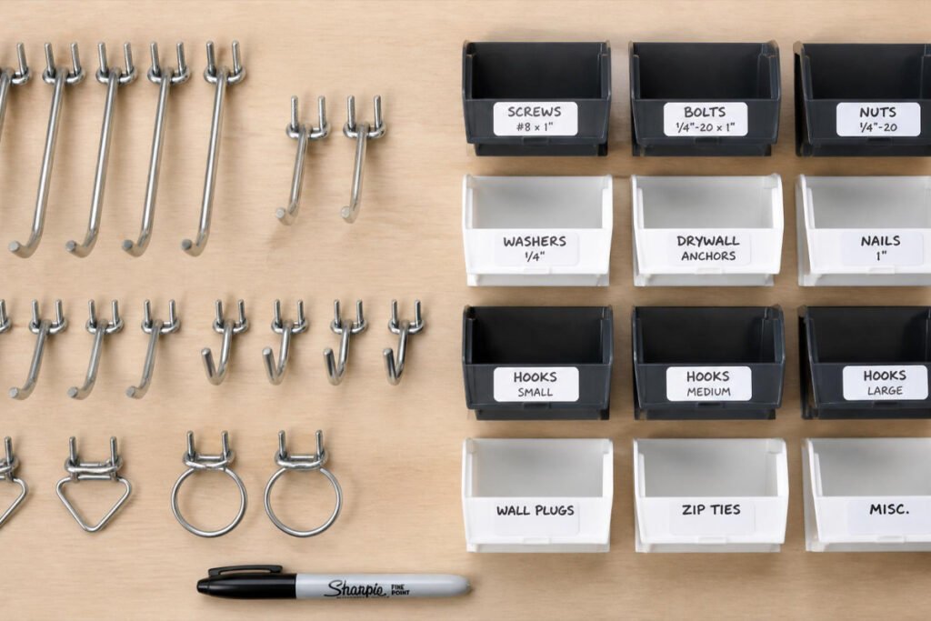 pegboard hooks, drawer bins, and labels for garage workbench organization