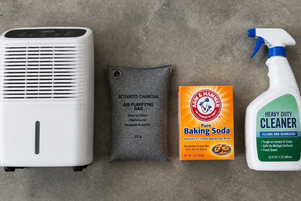 garage odor removal supplies dehumidifier charcoal baking soda