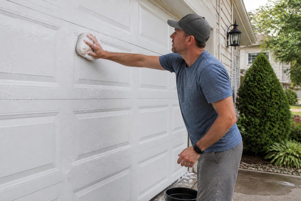 clean a garage door with soap and sponge on steel panel