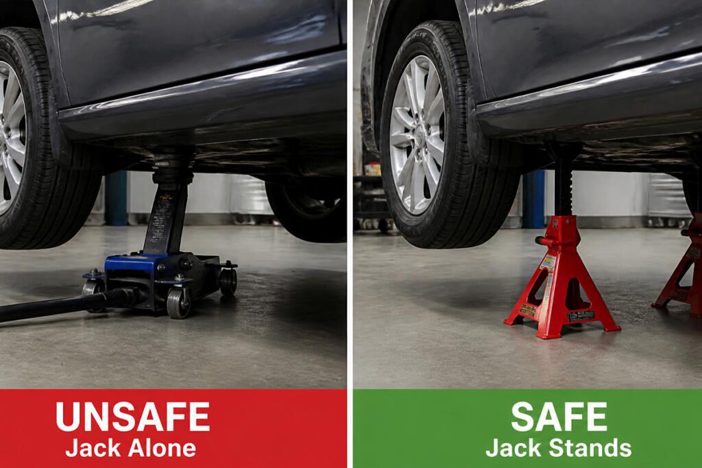 vehicle safely supported on jack stands compared to unsafe jack-only setup