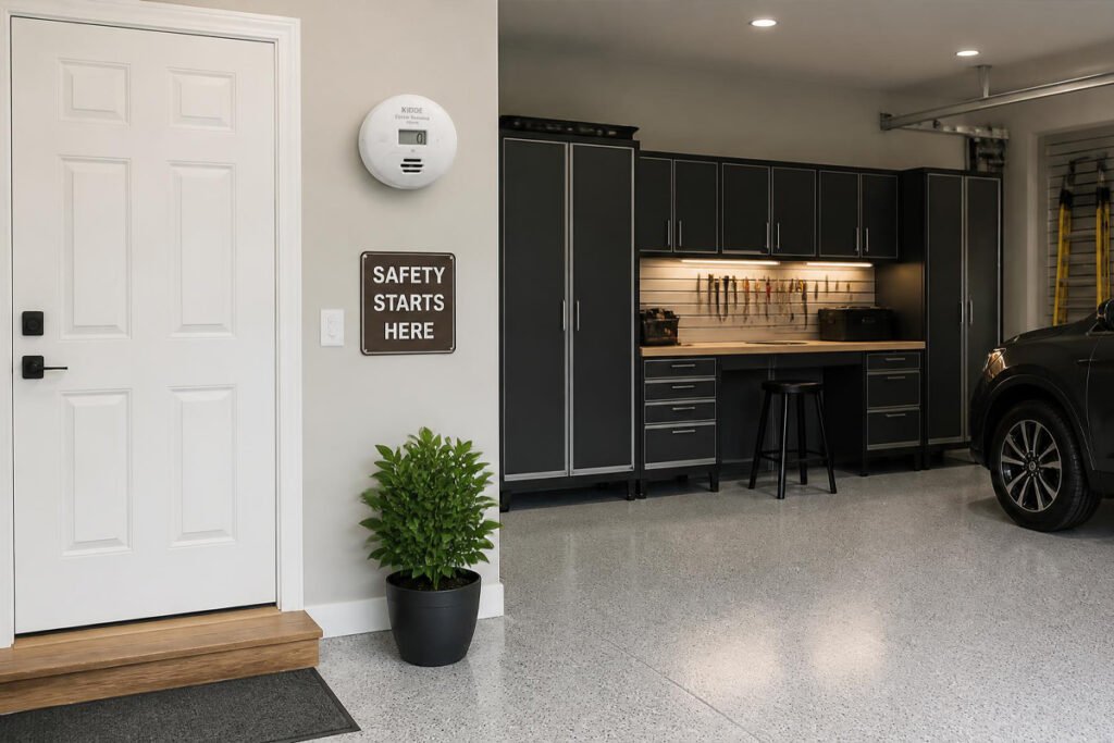 garage with carbon monoxide detector properly mounted and safety setup complete