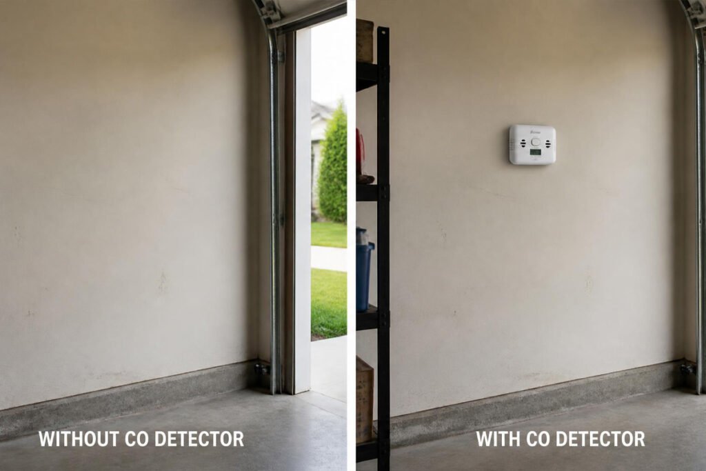 garage wall without detector compared to garage wall with CO detector installed