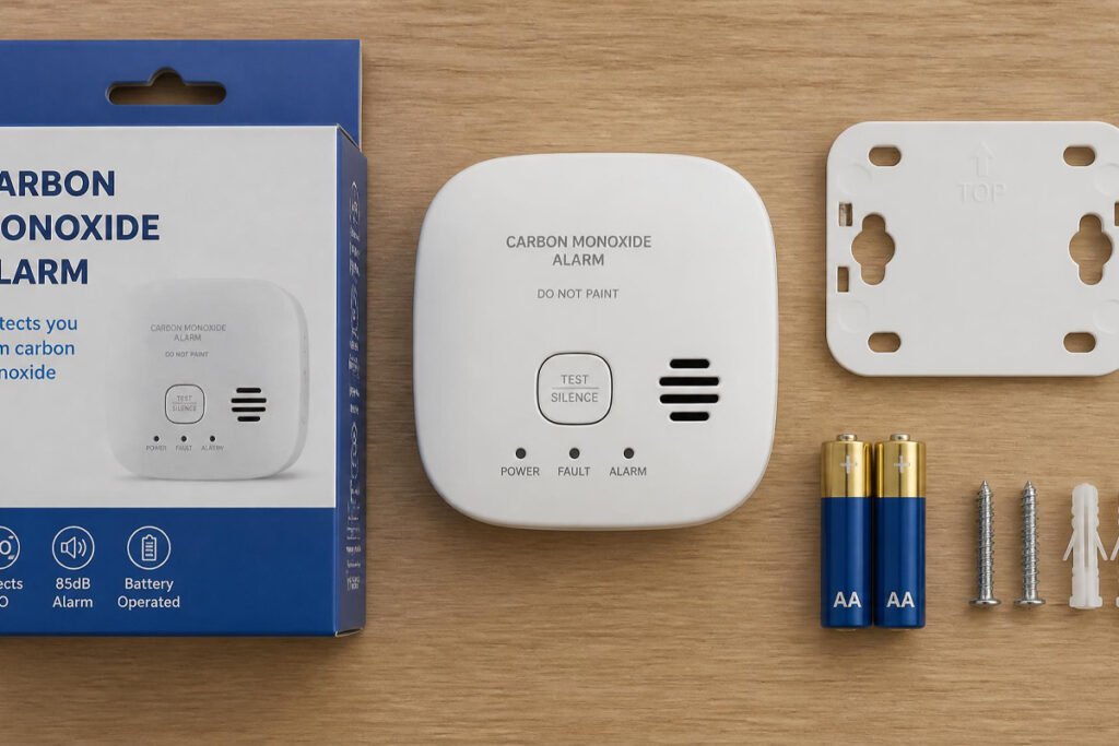carbon monoxide detector unboxed with mounting screws and batteries