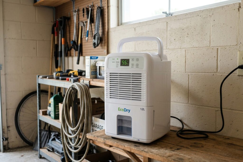 Frigidaire dehumidifier in a clean, organized garage setting